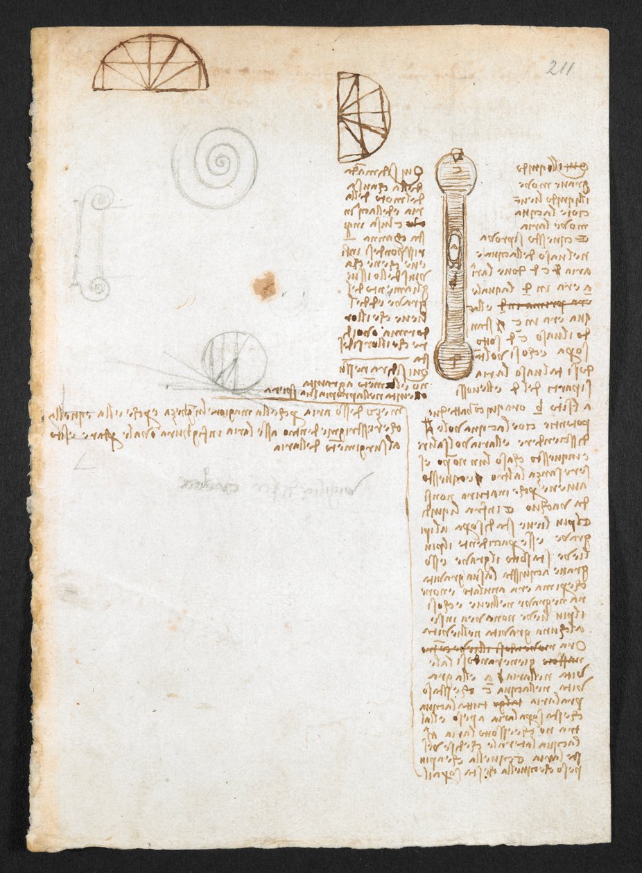 Arundel 263, f.211r 笔记、草图和图表，选自 "阿伦德尔法典"（纸张上的钢笔和墨水）。 作者 达芬奇（Leonardo da Vinci）