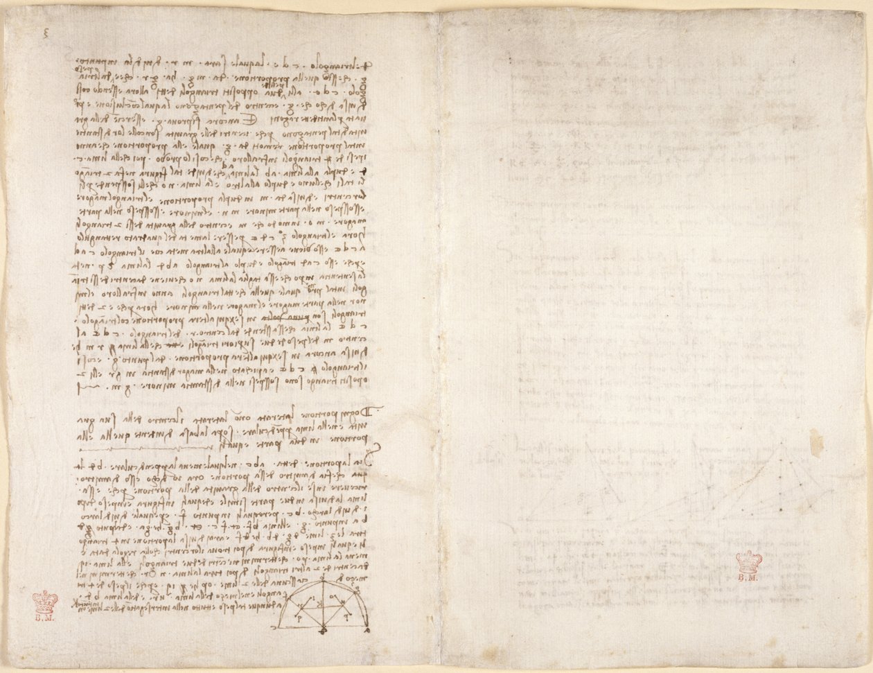 Arundel 263，f.215v，f.218 "阿伦德尔法典 "中的注释和图表（纸张上的钢笔和墨水） 作者 达芬奇（Leonardo da Vinci）