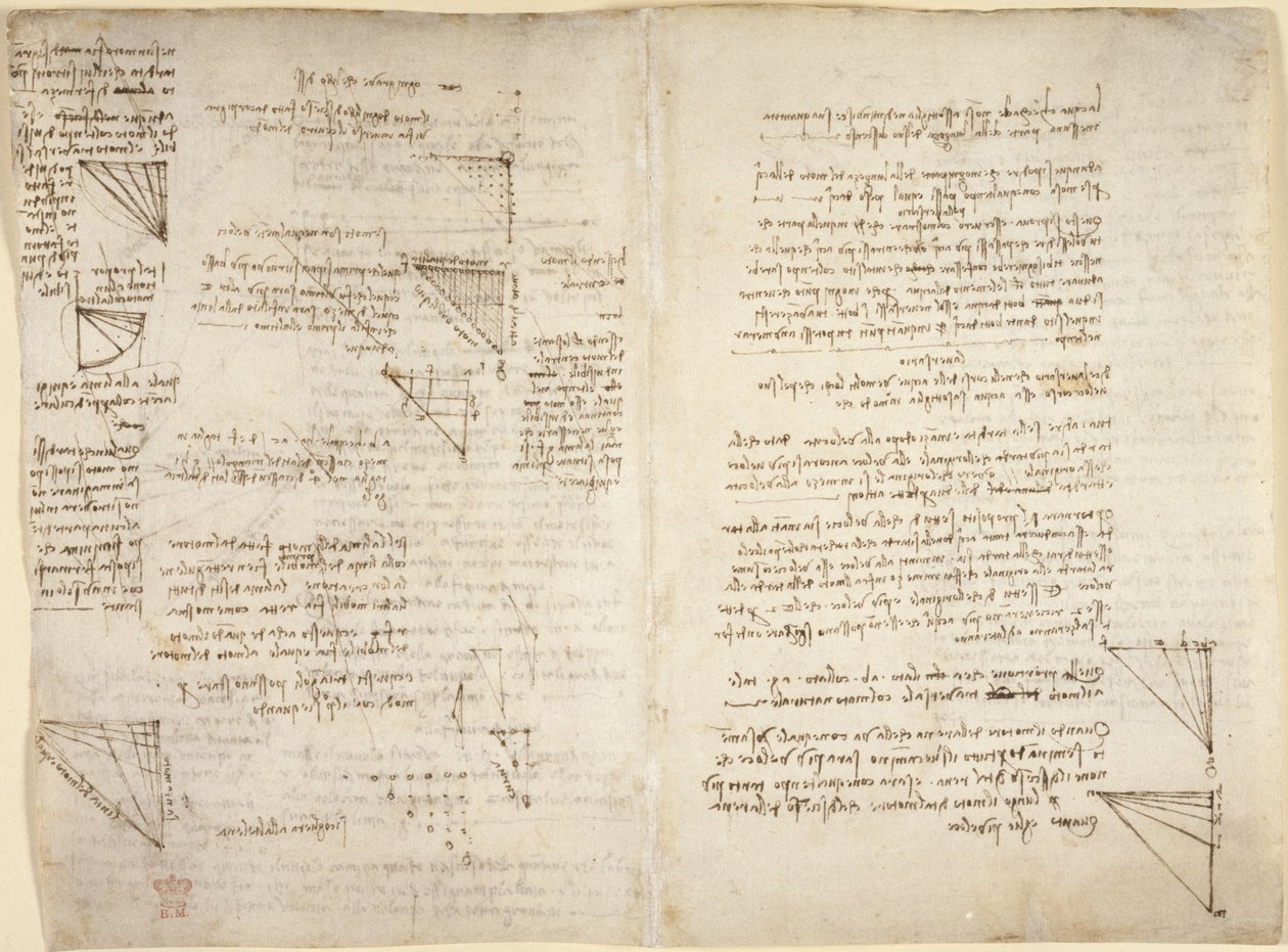 Arundel 263，f.217v，f.216 "阿伦德尔法典 "中的注释和图表（纸张上的钢笔和墨水） 作者 达芬奇（Leonardo da Vinci）