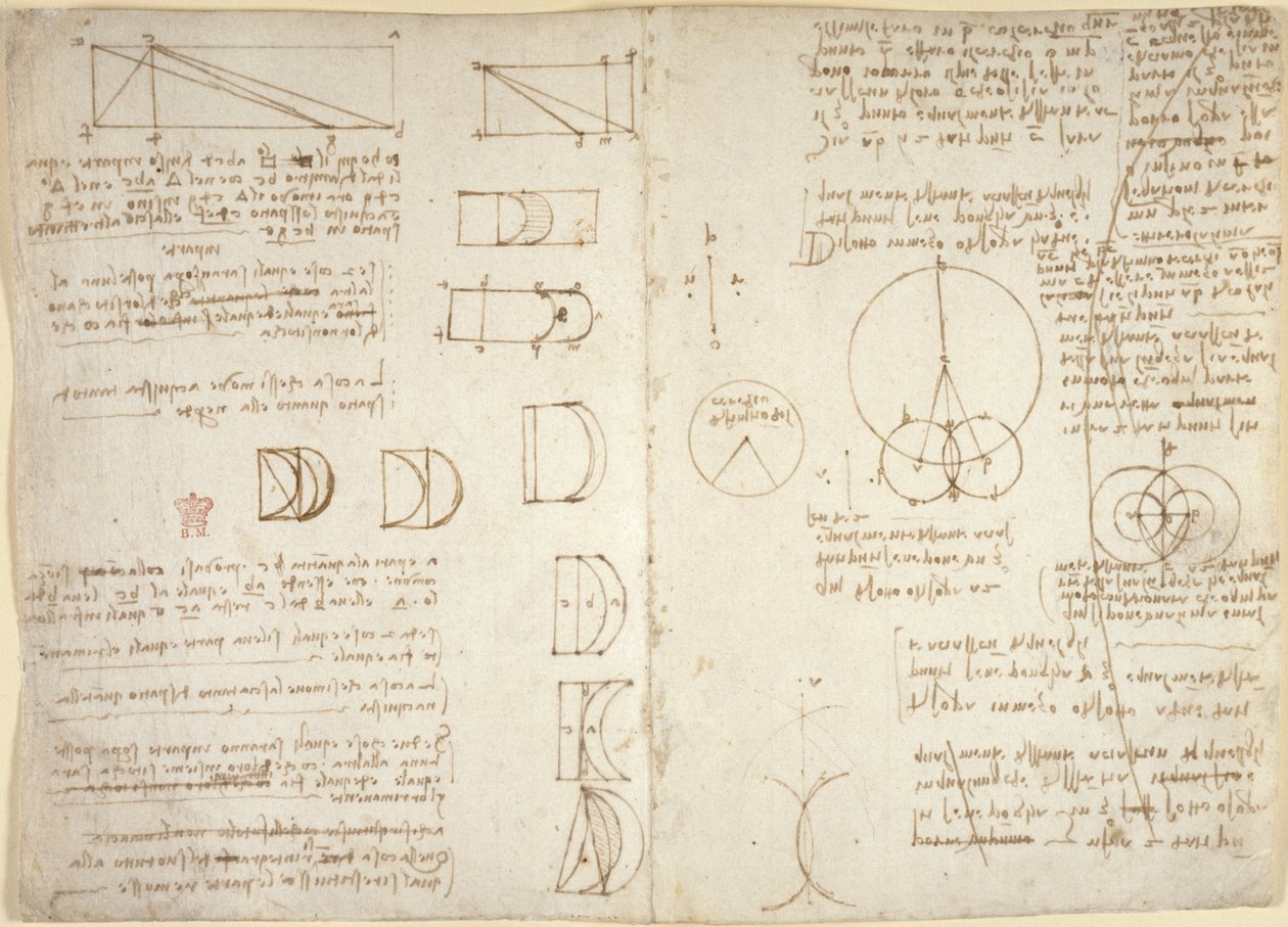 Arundel 263，f.222v，f.219，关于机械力和力、打击乐、重力、运动、光学和天文学的图画，以及各种算术和几何命题（纸上的钢笔和墨水） 作者 达芬奇（Leonardo da Vinci）