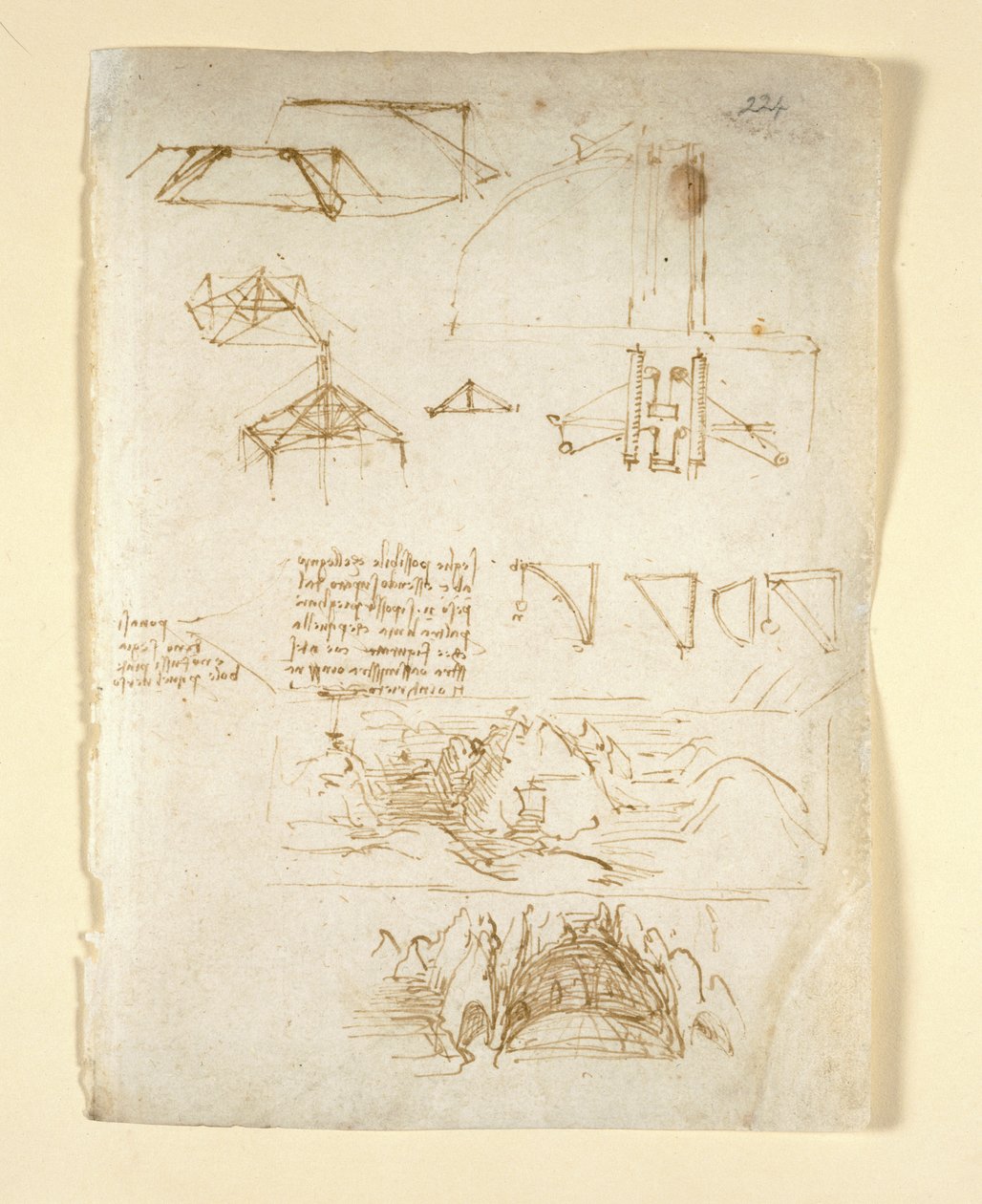 Arundel 263, f.224 笔记和图表；山脉和洞穴素描，选自 "Codex Arundel"（纸上钢笔和墨水）。 作者 达芬奇（Leonardo da Vinci）