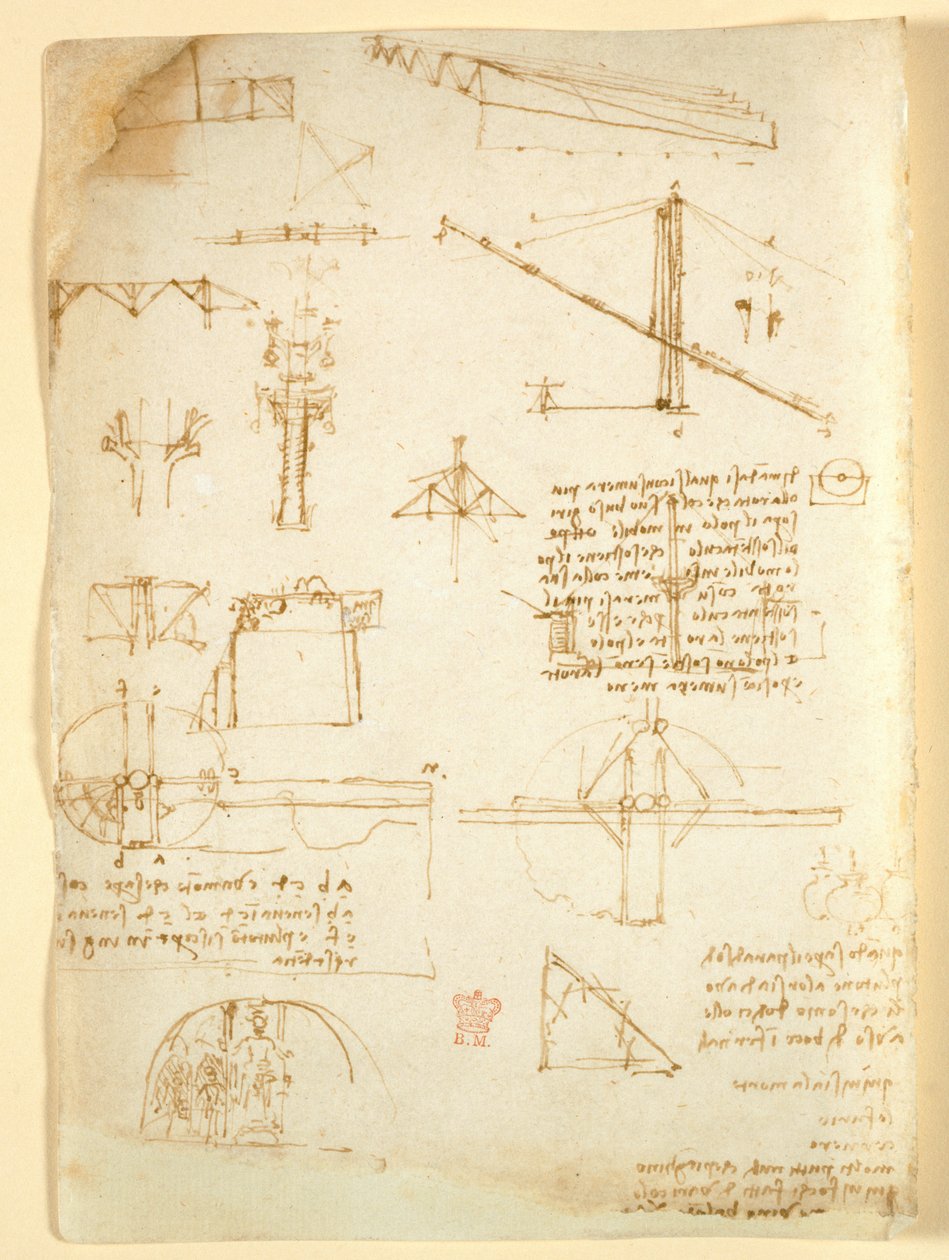 Arundel 263 f.231v，机械笔记和草图，选自 "Codex Arundel"（纸张上的钢笔和墨水） 作者 达芬奇（Leonardo da Vinci）