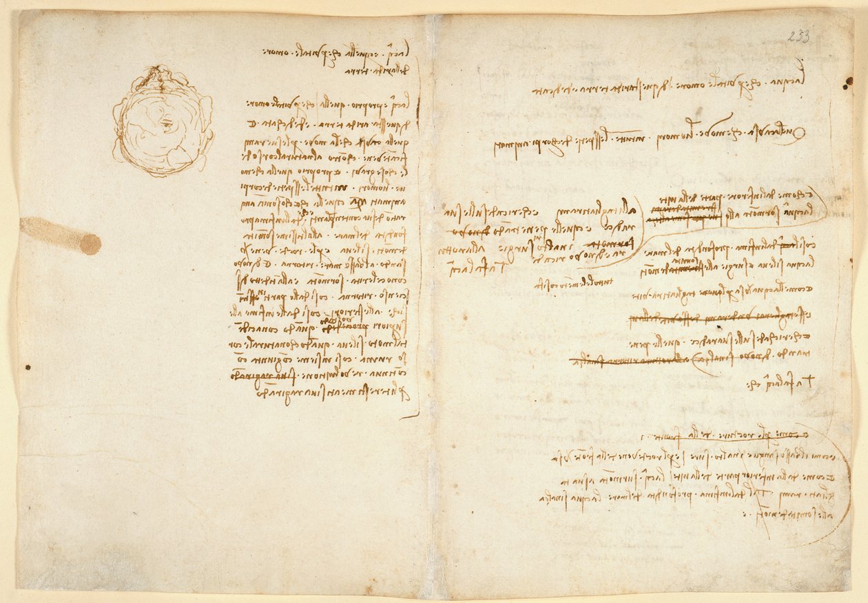 Arundel 263 f.236v, f.233 关于水的注释；地球仪素描，选自 "Codex Arundel"（纸上钢笔和墨水）。 作者 达芬奇（Leonardo da Vinci）