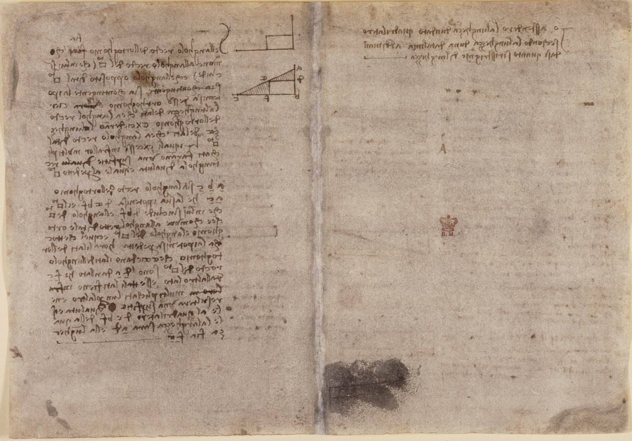 Arundel 263，f.245v，f.246r，几何注释（约 1518 年），选自 "Codex Arundel"（纸上钢笔和墨水） 作者 达芬奇（Leonardo da Vinci）