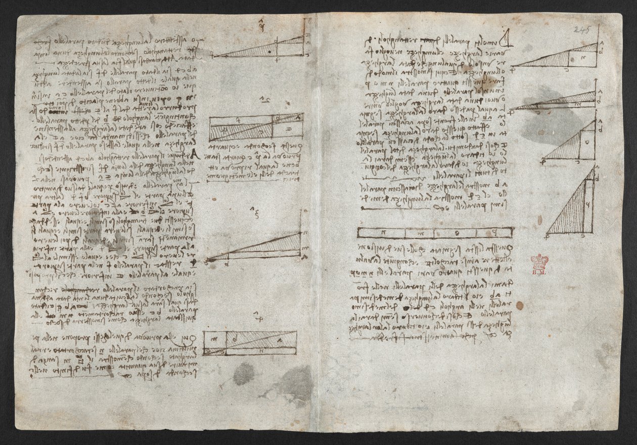 Arundel 263, f.246v 关于机械力和力、打击乐、重力、运动、光学和天文学的图画，以及各种算术和几何命题，莱昂纳多 "观察之书 "中的插图（纸面墨水）。 作者 达芬奇（Leonardo da Vinci）