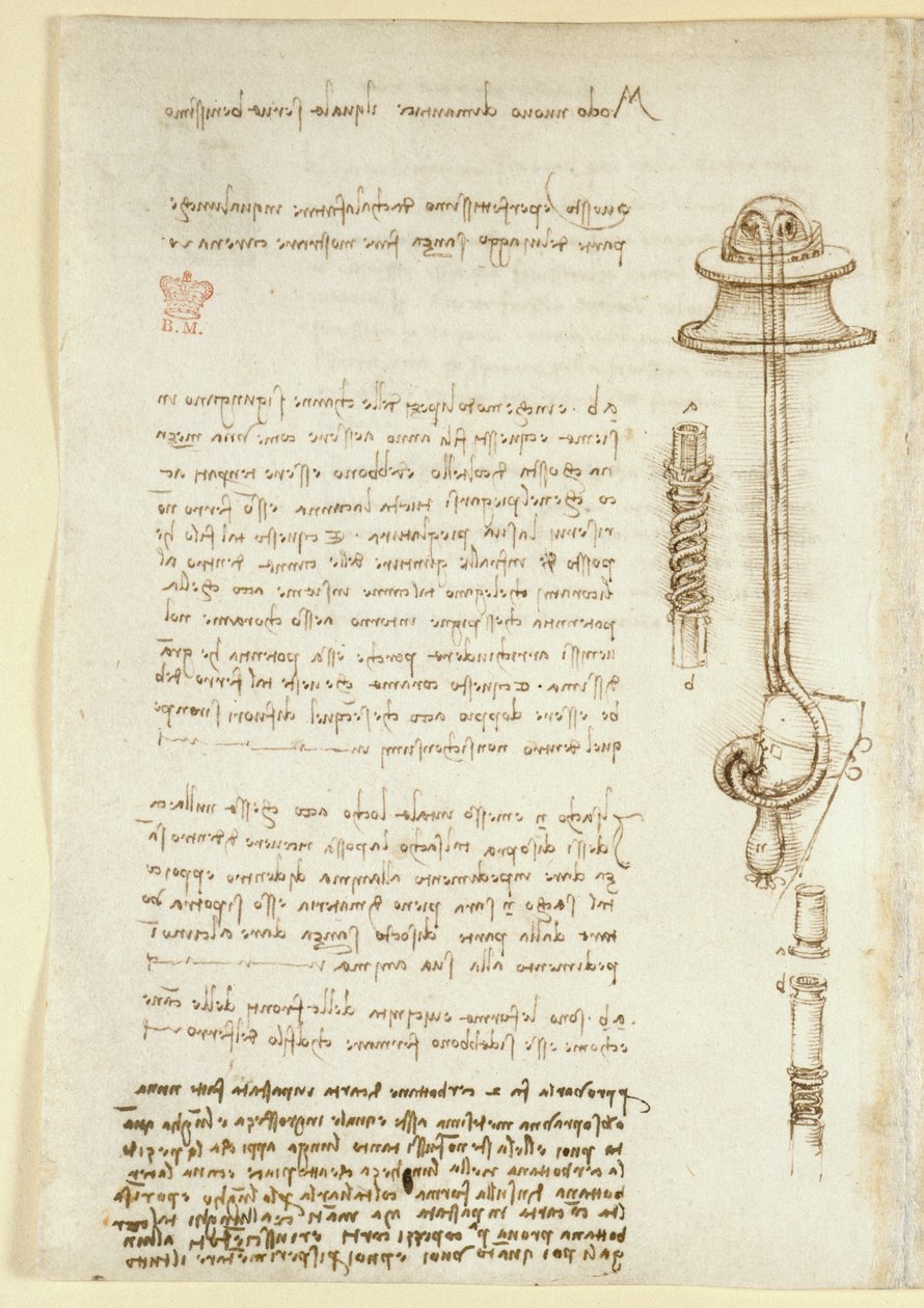 Arundel 263, f.24v 莱昂纳多研究潜水员呼吸器的笔记和草图（1508 年），选自 "Codex Arundel"（纸上钢笔和墨水）。 作者 达芬奇（Leonardo da Vinci）