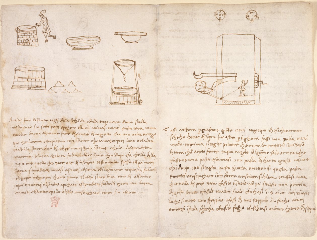 Arundel 263，f.259v，f.260 关于生产硝石制备火药过程的笔记和粗略草图（非莱昂纳多手绘）（纸上的钢笔和墨水） 作者 达芬奇（Leonardo da Vinci）