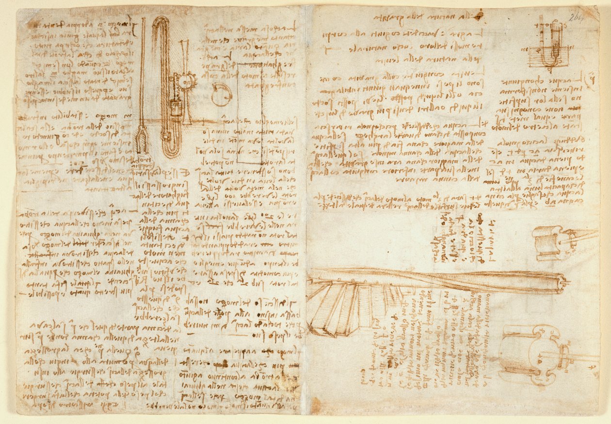 Arundel 263 f.269v，f.264 关于水力装置的注释和草图，选自 "阿伦德尔法典"（纸上钢笔和墨水）。 作者 达芬奇（Leonardo da Vinci）