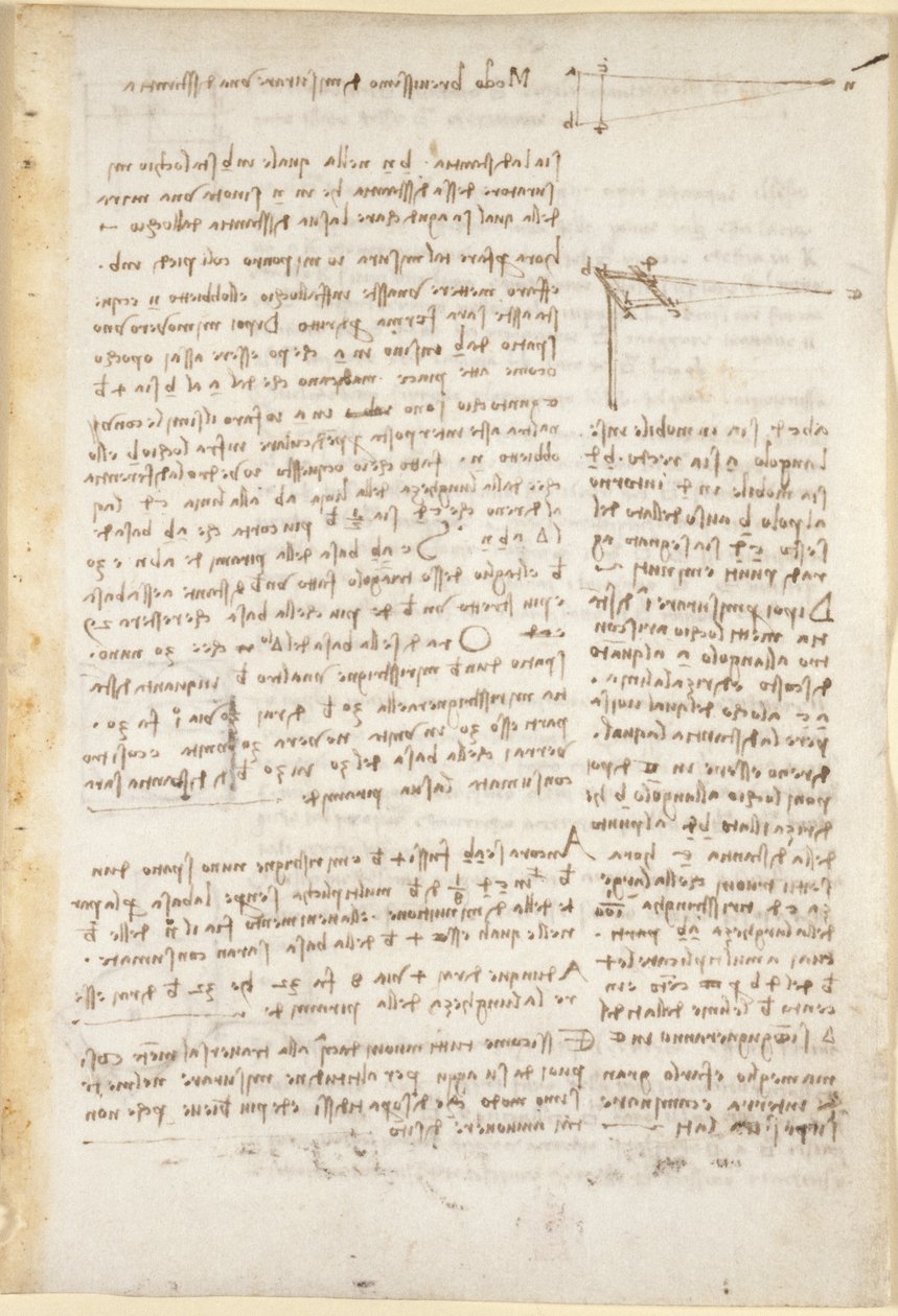 Arundel 263， f.26 "阿伦德尔法典 "中关于测量距离的速记方法的注释和图表（纸张上的钢笔和墨水） 作者 达芬奇（Leonardo da Vinci）