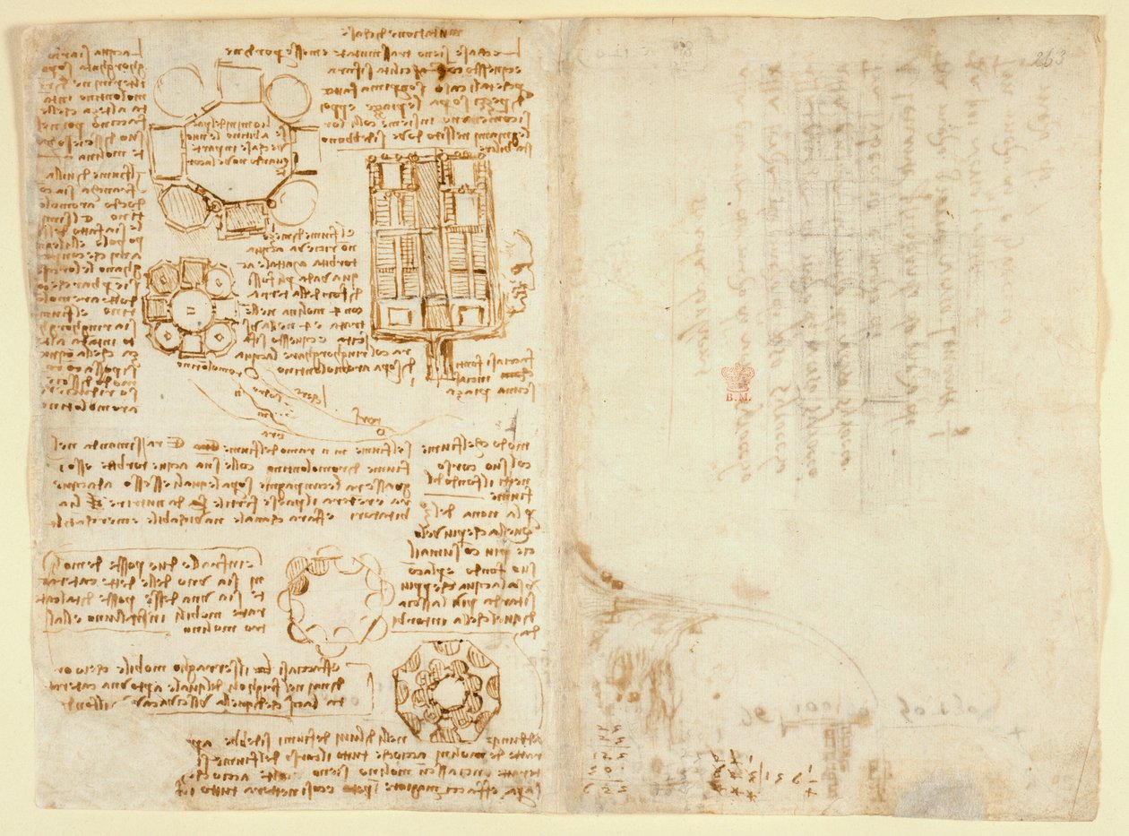 Arundel 263 f.270v，f.263，莱昂纳多-达-维尼奇关于机械动力和力量、打击乐、重力、运动、光学和天文学的绘画，以及各种算术和几何命题（纸张上的钢笔和墨水） 作者 达芬奇（Leonardo da Vinci）