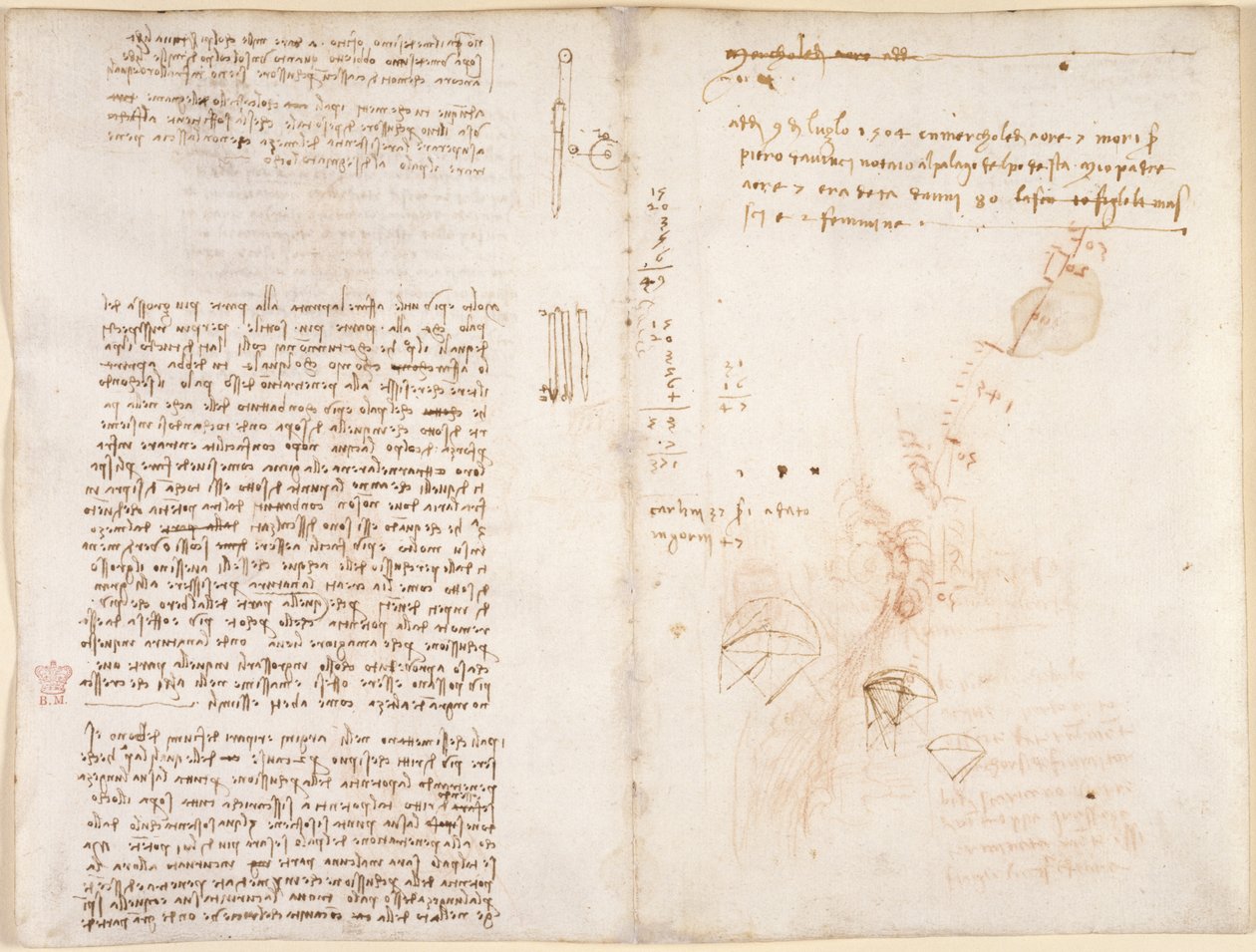 Arundel 263，f.277v，f.272 机械笔记和草图，选自 "Codex Arundel"（纸上钢笔和墨水）。 作者 达芬奇（Leonardo da Vinci）