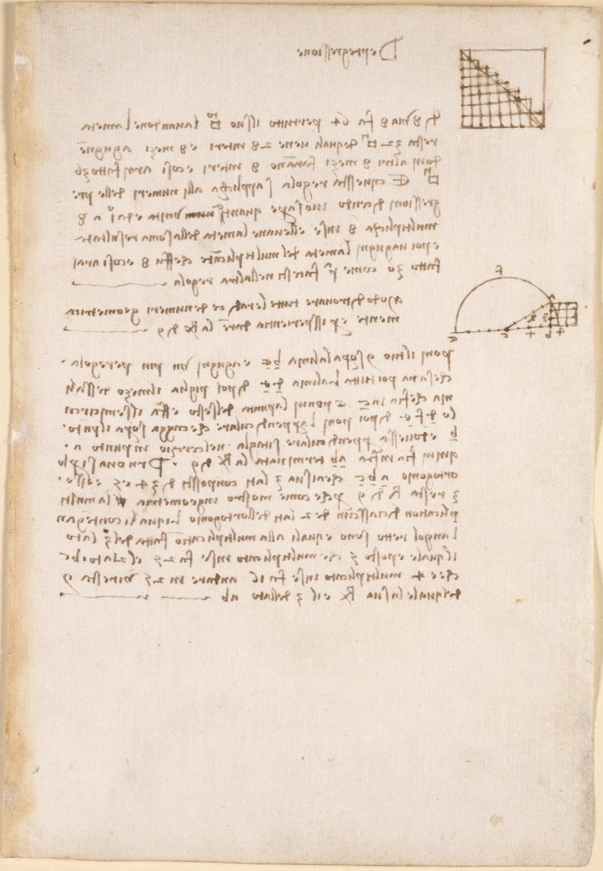 阿伦德尔 263 号， f.27，几何笔记和图表，题为 "De progressione"，出自《阿伦德尔法典》（纸上钢笔和墨水）。 作者 达芬奇（Leonardo da Vinci）