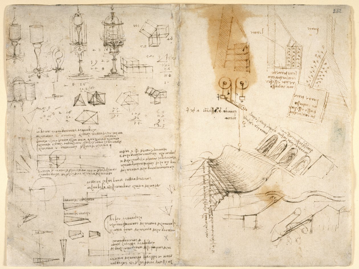 Arundel 263， f.283v， f.282 铰链灯草图；机械笔记；数学计算；几何草图（纸张上的钢笔和墨水） 作者 达芬奇（Leonardo da Vinci）