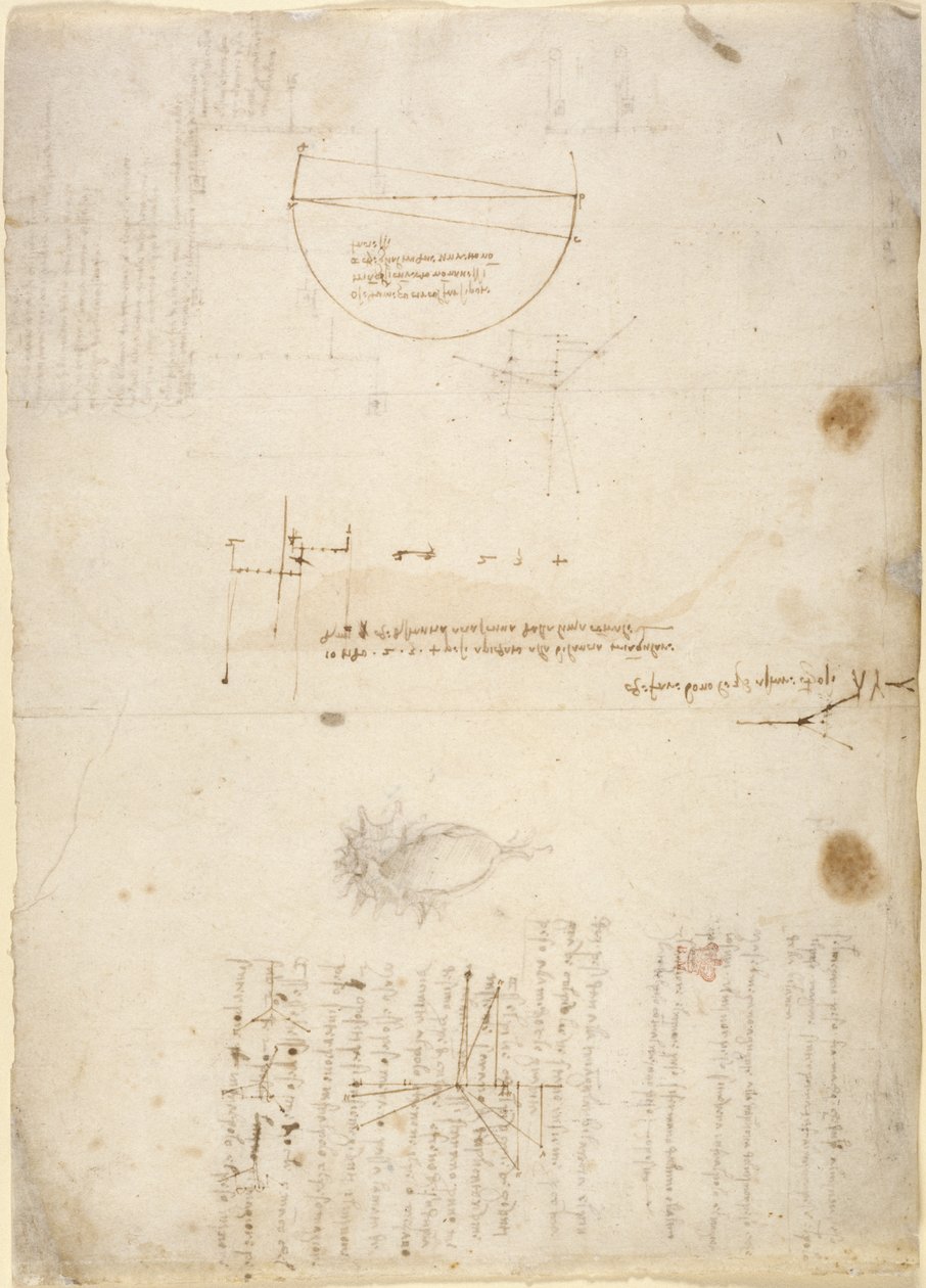 阿伦德尔 263 号，f.33v 关于机械的注释和图表，选自 "阿伦德尔法典"（纸张上的钢笔和墨水） 作者 达芬奇（Leonardo da Vinci）