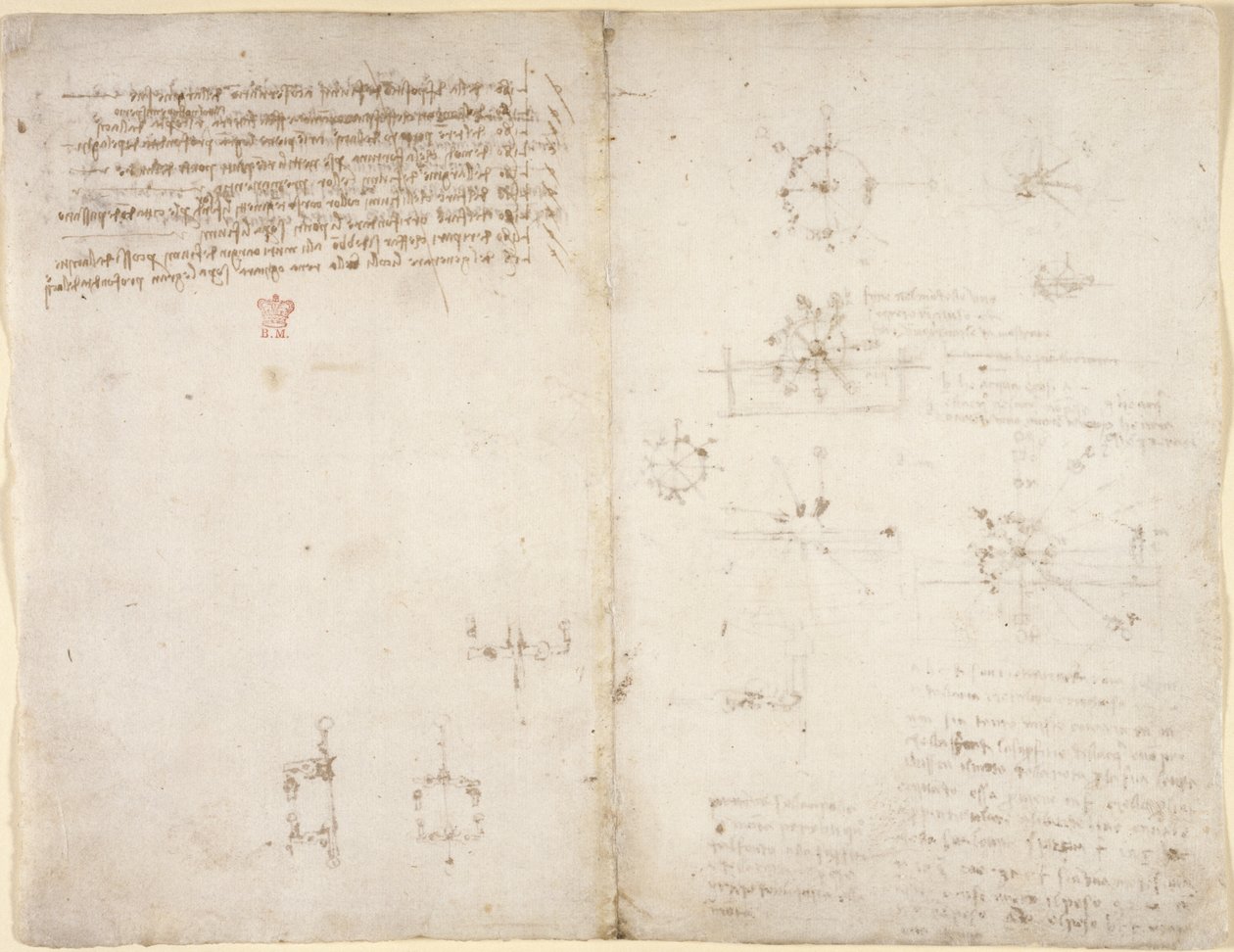 Arundel 263，f.35v，f.34 关于机械力和力、打击乐、重力、运动、光学和天文学的图画，以及各种算术和几何命题。 作者 达芬奇（Leonardo da Vinci）