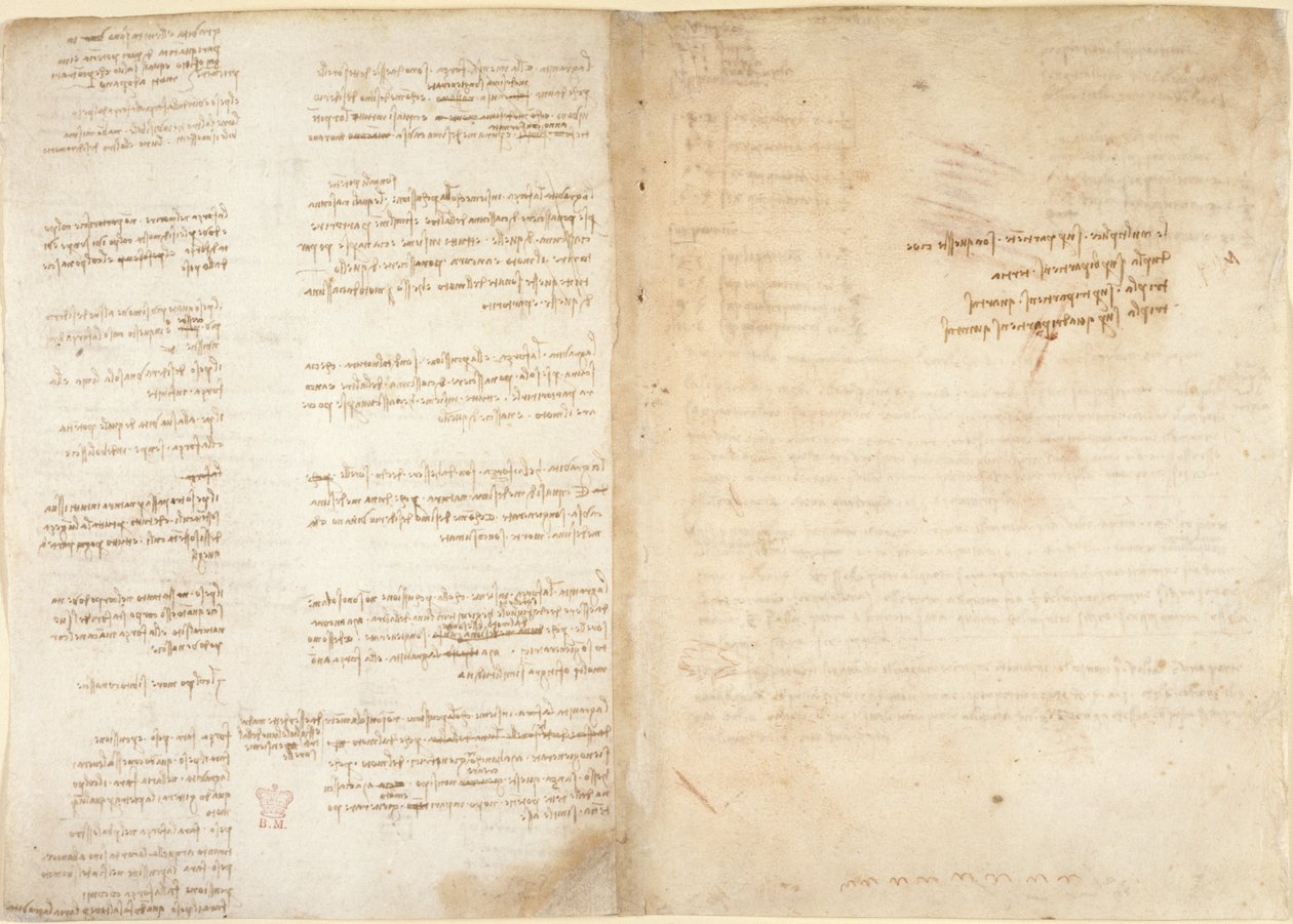 Arundel 263，f.37v，f.38r 机械笔记，选自 "Codex Arundel"，约 1495-7 年（纸上钢笔和墨水） 作者 达芬奇（Leonardo da Vinci）