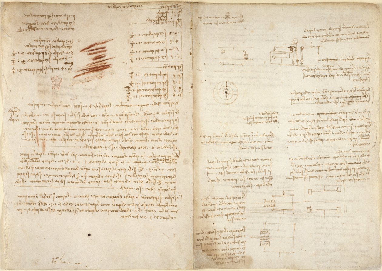 Arundel 263，f.38v，f.37 算术笔记，选自 "Codex Arundel"（纸张上的钢笔和墨水） 作者 达芬奇（Leonardo da Vinci）