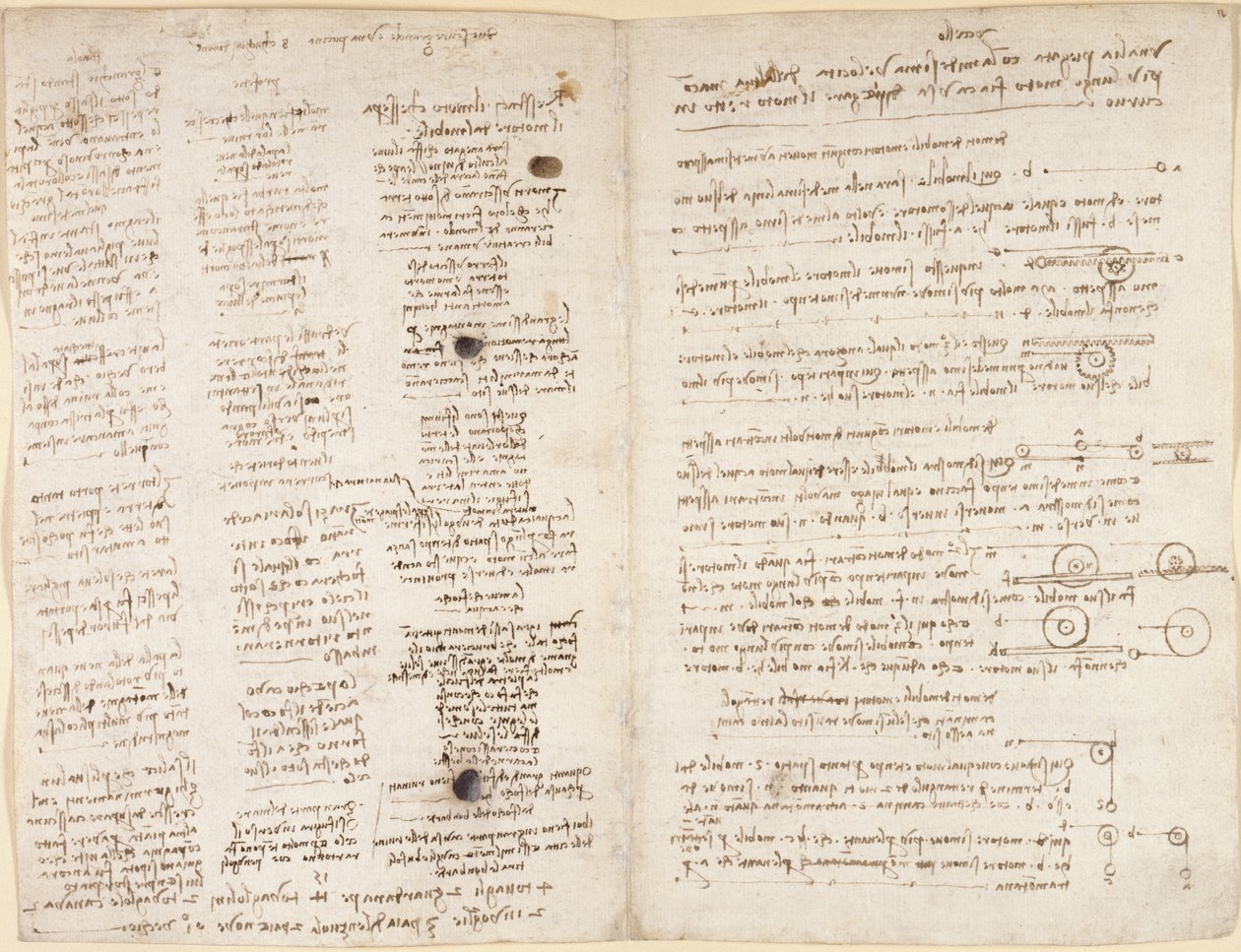 Arundel 263，f.42v，f.43 来自 "Codex Arundel "的莱昂纳多预言短文（"Profetie"）（纸上钢笔和墨水）。 作者 达芬奇（Leonardo da Vinci）