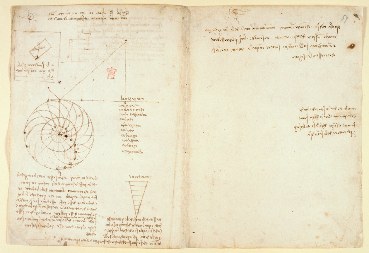 Arundel 263 f.44v，f.59 一张脸部轮廓的眼睛和鼻子素描；关于水的注释，选自 "Codex Arundel"（纸上的钢笔和墨水）。 作者 达芬奇（Leonardo da Vinci）