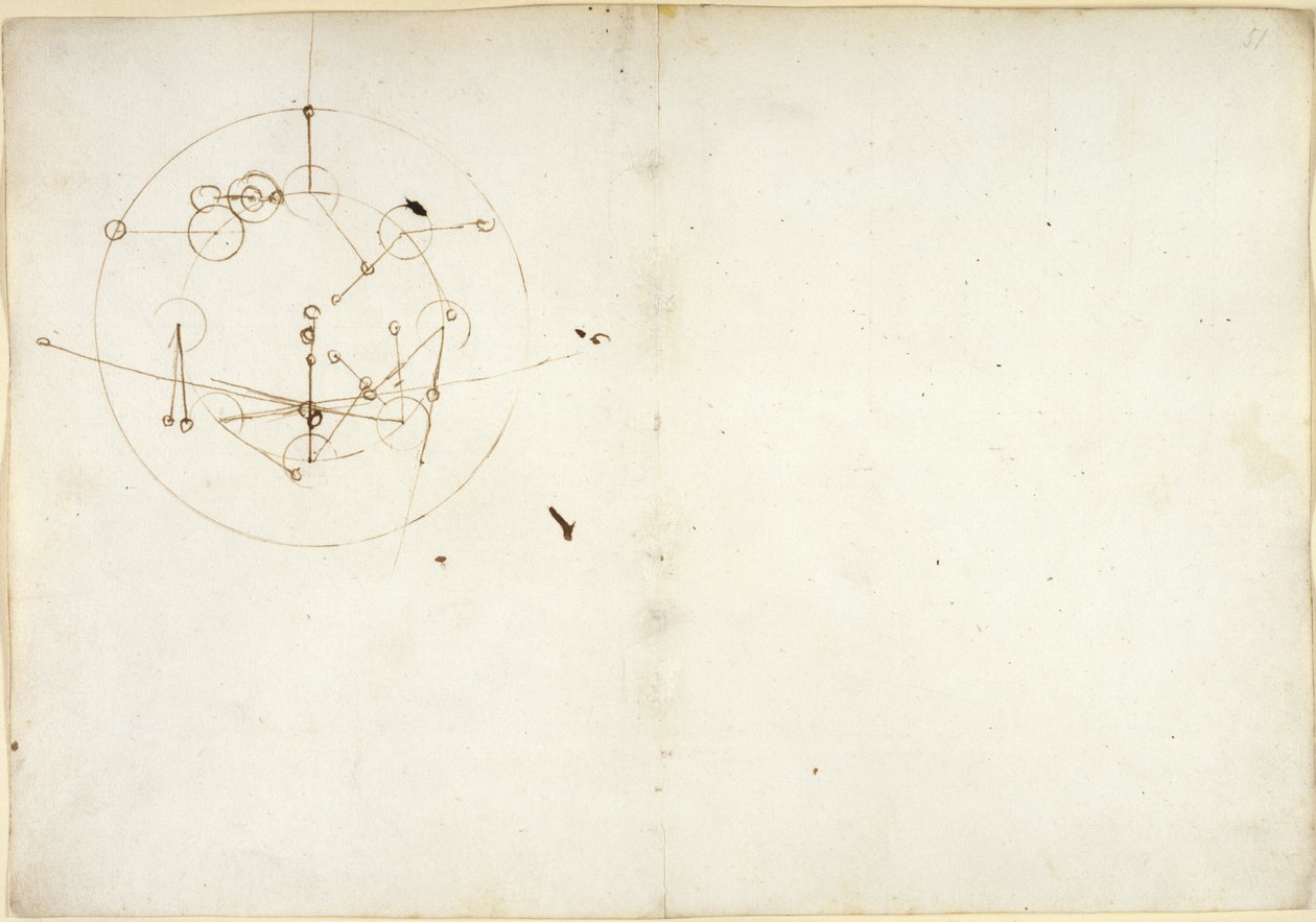 Arundel 263，f.52v，f.51 一个液压轮的示意图，选自 "Codex Arundel"（纸张上的钢笔和墨水）。 作者 达芬奇（Leonardo da Vinci）