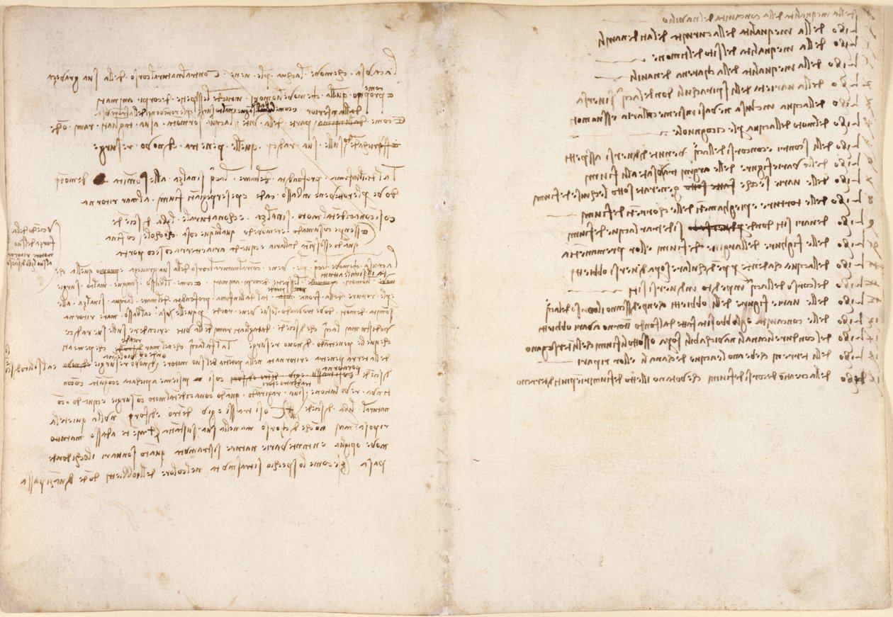 Arundel 263，f.58v，f.45，关于水的注释，选自 "Codex Arundel"（纸上钢笔和墨水） 作者 达芬奇（Leonardo da Vinci）