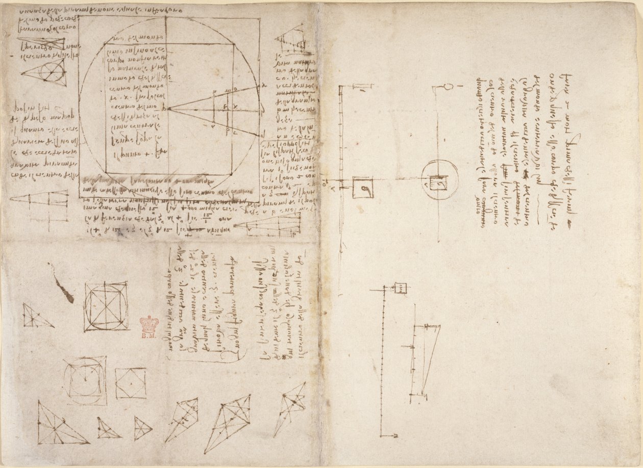 Arundel 263，f.72v，f.69 关于力学和重心的注释和图表，出自 "Codex Arundel"，约 1503-5（纸上钢笔和墨水）。 作者 达芬奇（Leonardo da Vinci）