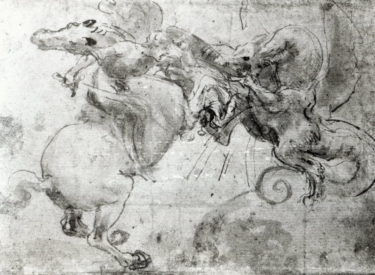 骑士与龙之间的战斗，c.1482（手写笔抽签，笔和笔刷在纸上） 作者 达芬奇（Leonardo da Vinci）
