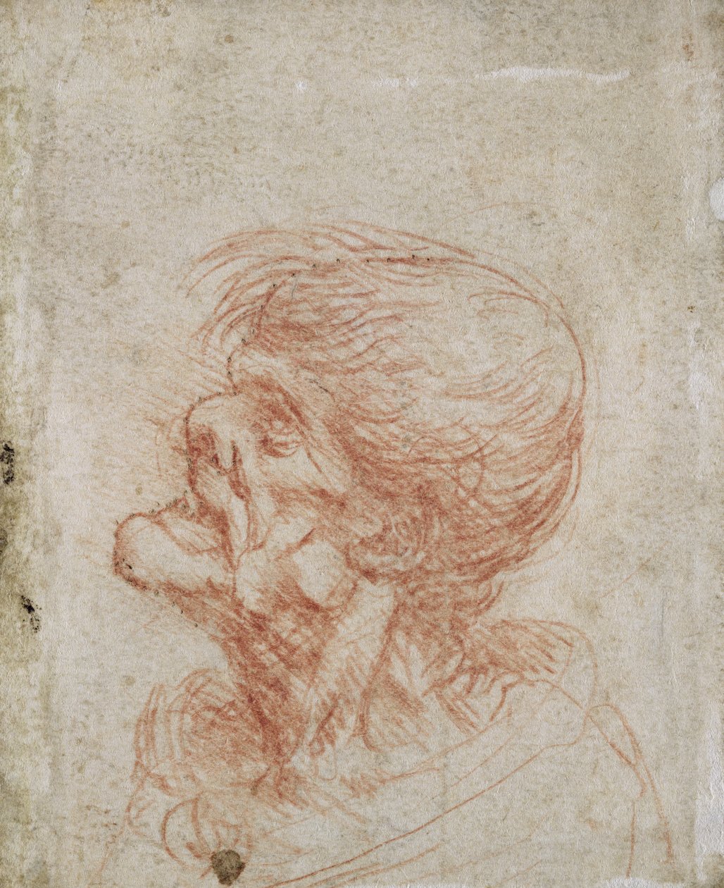 一位老人的漫画头研究，c.1500-05（纸上的红色粉笔） 作者 达芬奇（Leonardo da Vinci）