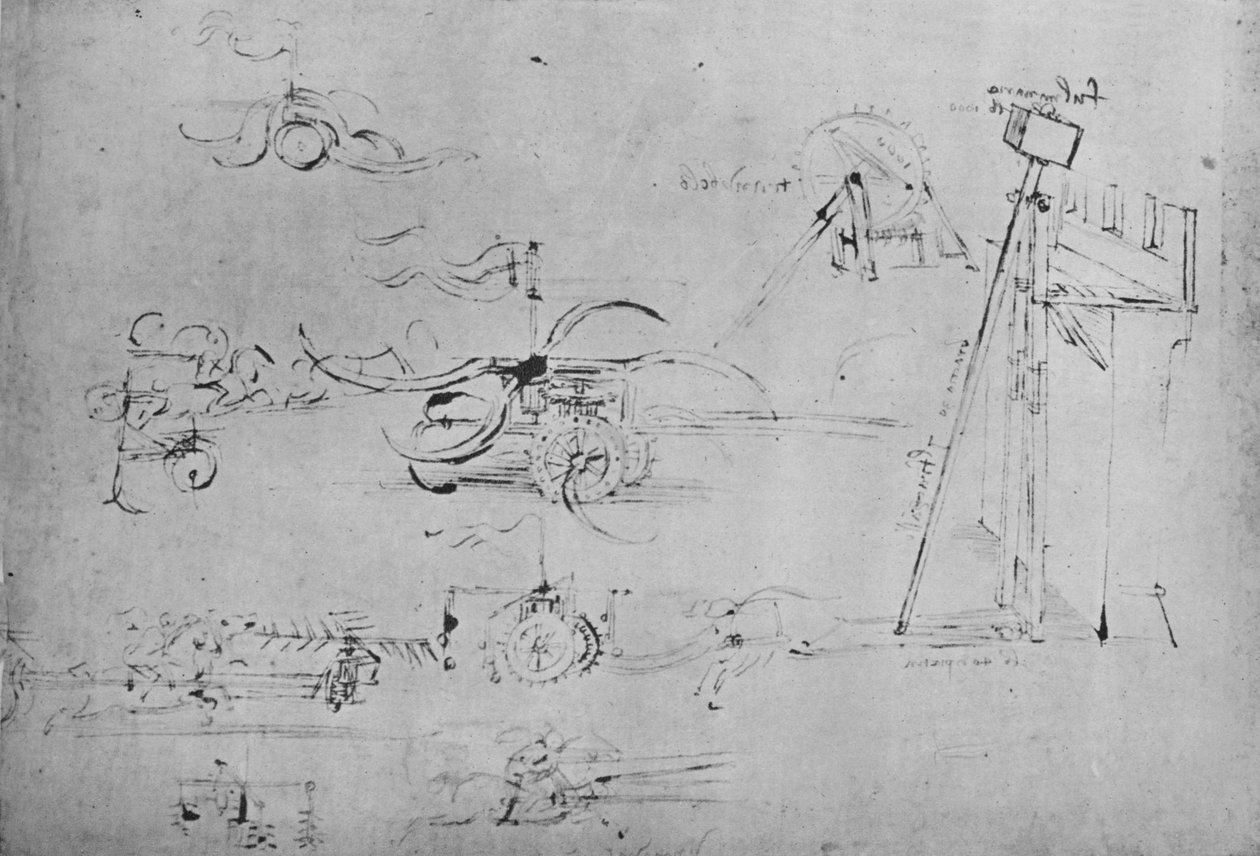 战车手持大镰刀和连with，三骑兵骑着长矛，c1480，1945年 作者 达芬奇（Leonardo da Vinci）