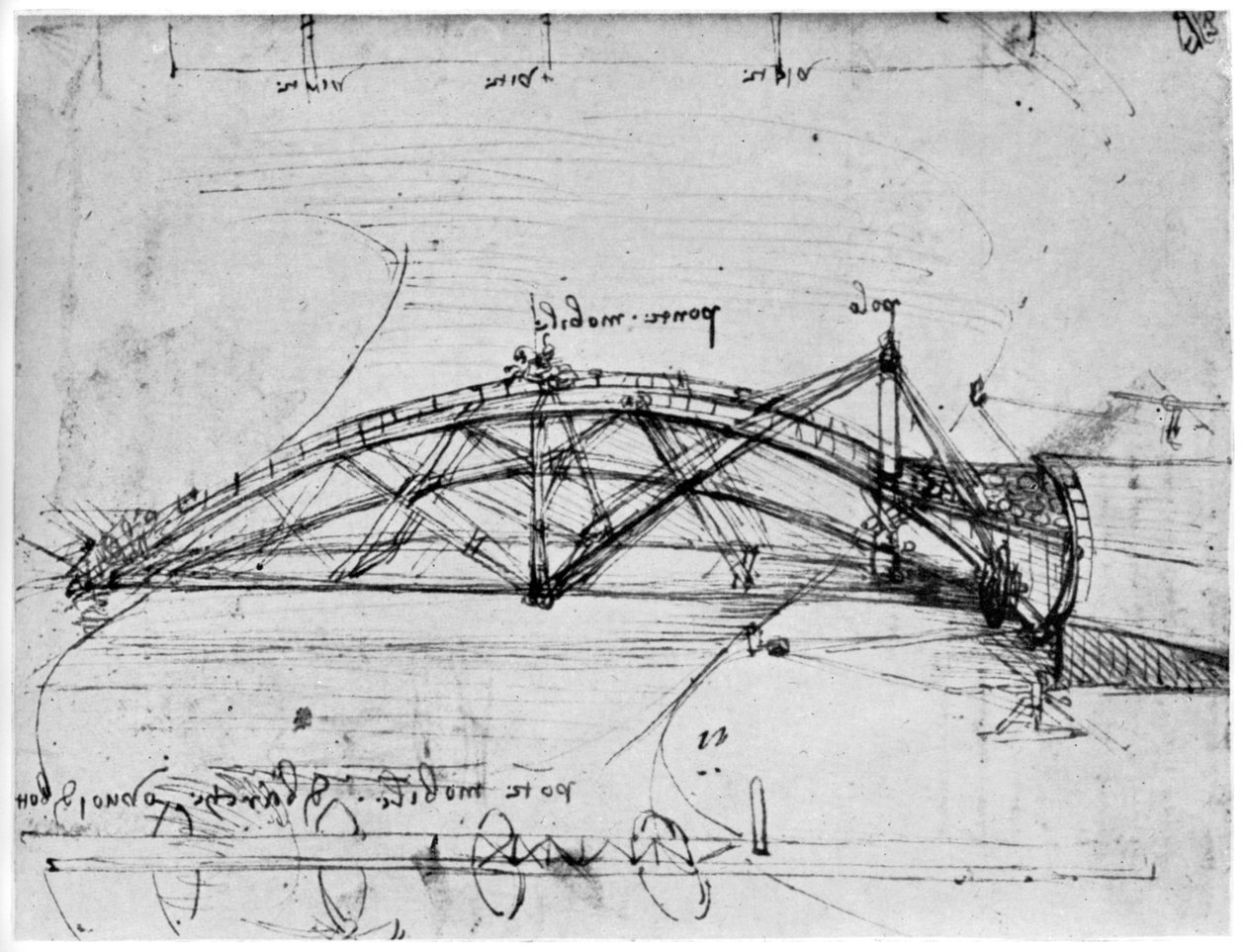 1480-1490年（1954年）的抛物线形吊桥的设计。 作者 达芬奇（Leonardo da Vinci）