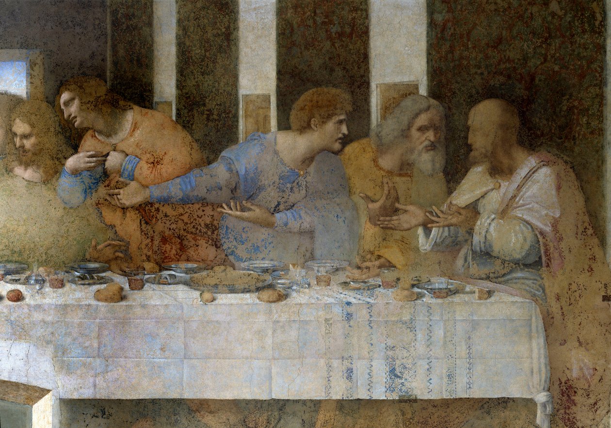 La Cene (Il Cenacolo (Ultima Cena)) 的细节从左到右代表 Apoles 托马斯、詹姆斯少校、菲利普、马修、犹大 Thaddee 和西蒙泽洛特。 1495 - 1498. 达芬奇 (Leonardo da Vinci) 的壁画。 圣玛丽食堂 作者 达芬奇（Leonardo da Vinci）