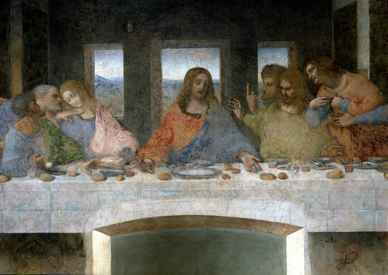 Cene (Il Cenacolo (Ultima Cena)) 的细节代表在左边的 Apoles 犹大、彼得和约翰、基督在中心和 Apoles 托马斯、少校詹姆斯和菲利普。 约翰和基督之间的字母 V 指的是圣杯或圣杯 作者 达芬奇（Leonardo da Vinci）