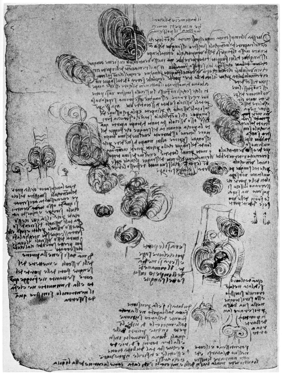 1954年15世纪末或16世纪初的心脏血液涡流图 作者 达芬奇（Leonardo da Vinci）