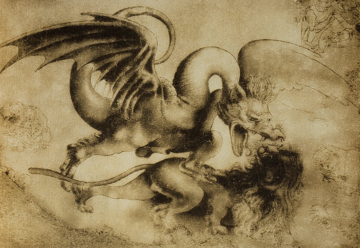 龙杀死了一只狮子，由莱昂纳多达芬奇画。内阁图纸和版画，乌菲齐画廊，佛罗伦萨 作者 达芬奇（Leonardo da Vinci）