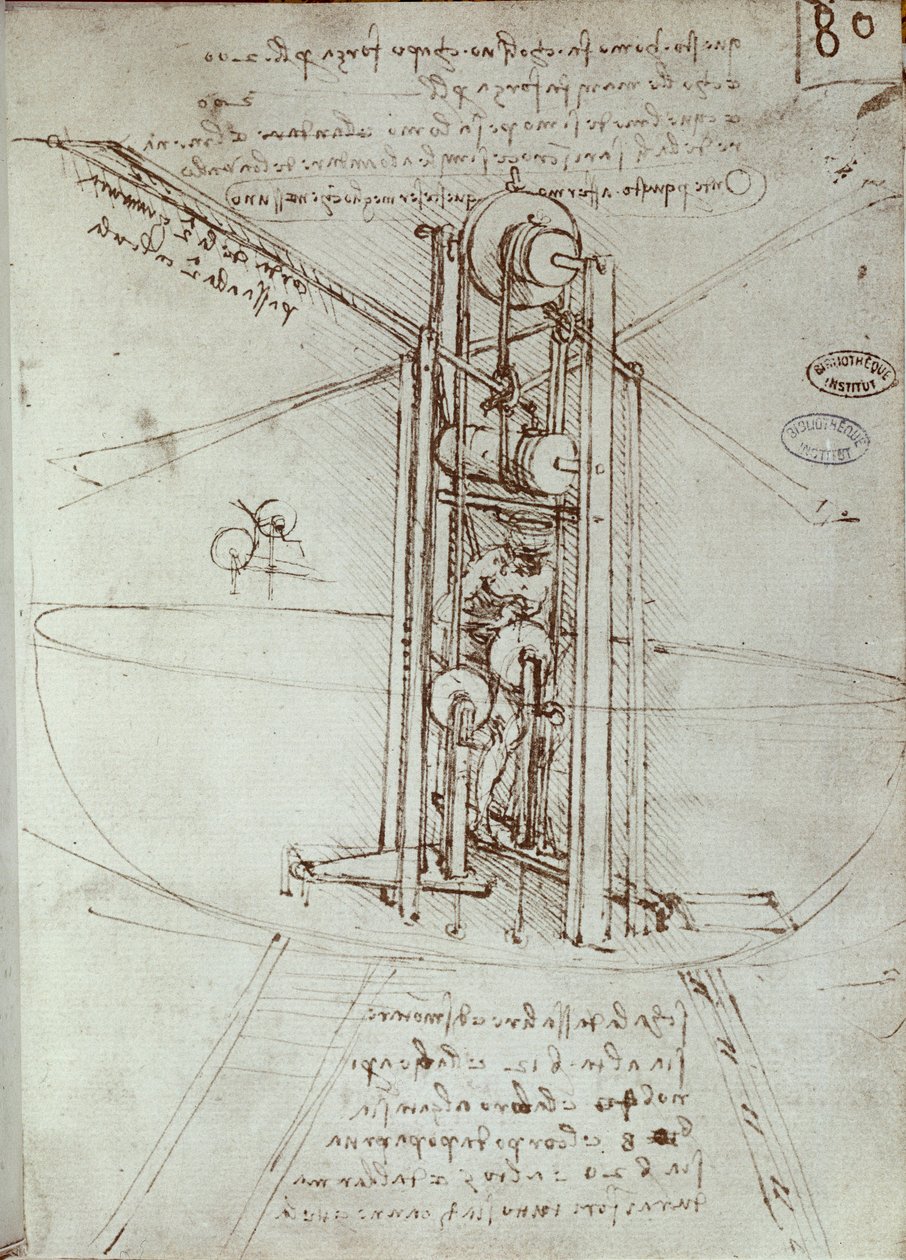 飞行推进器的绘图。 莱昂纳多·达·芬奇 (Leonardo da Vinci) 的手稿 作者 达芬奇（Leonardo da Vinci）