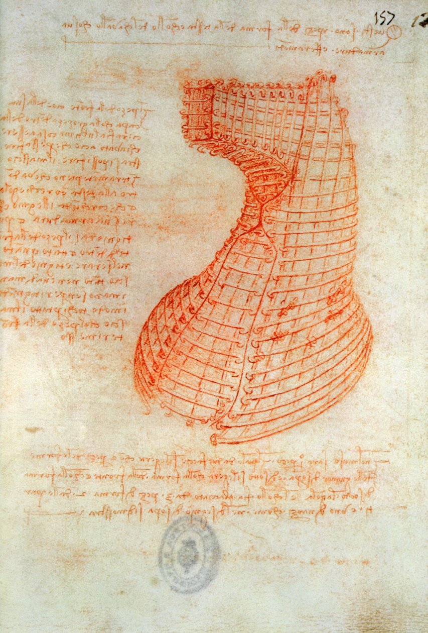 为Sforza马头部绘制铁制铸造模具。 57（recto），来自Codex Madrid I，c.1491-93（笔和棕色墨水在纸上） 作者 达芬奇（Leonardo da Vinci）