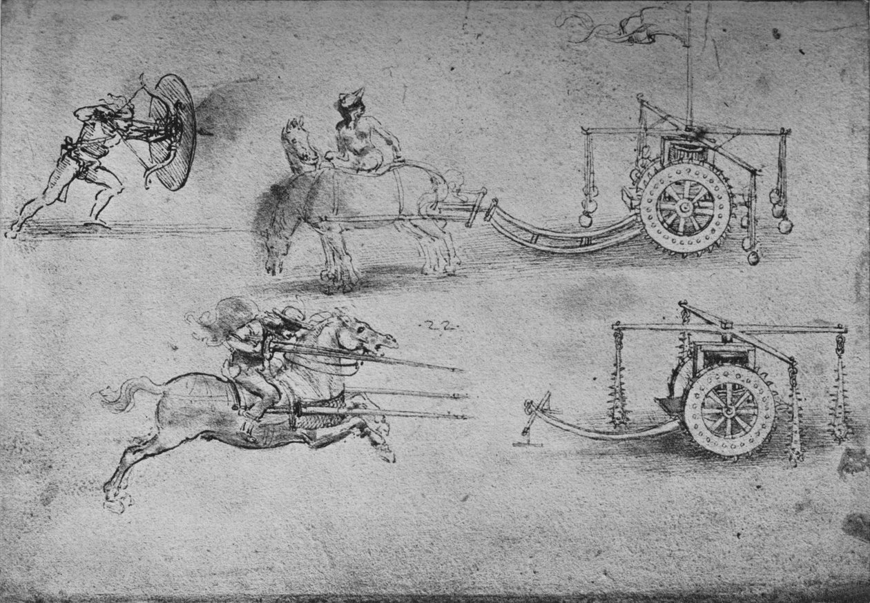 1945年，带盾的弓箭手，武装着连Fla的战车图纸 作者 达芬奇（Leonardo da Vinci）
