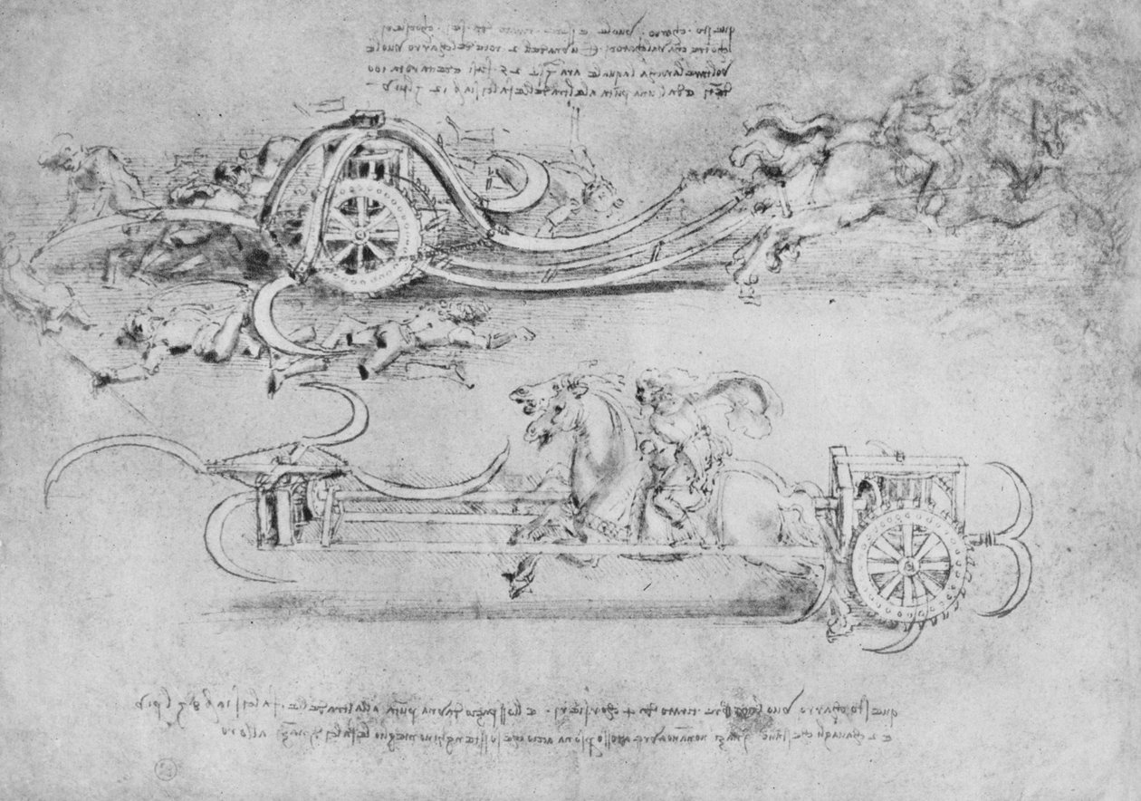 两种带镰刀的战车的图纸，c1480 1945年 作者 达芬奇（Leonardo da Vinci）