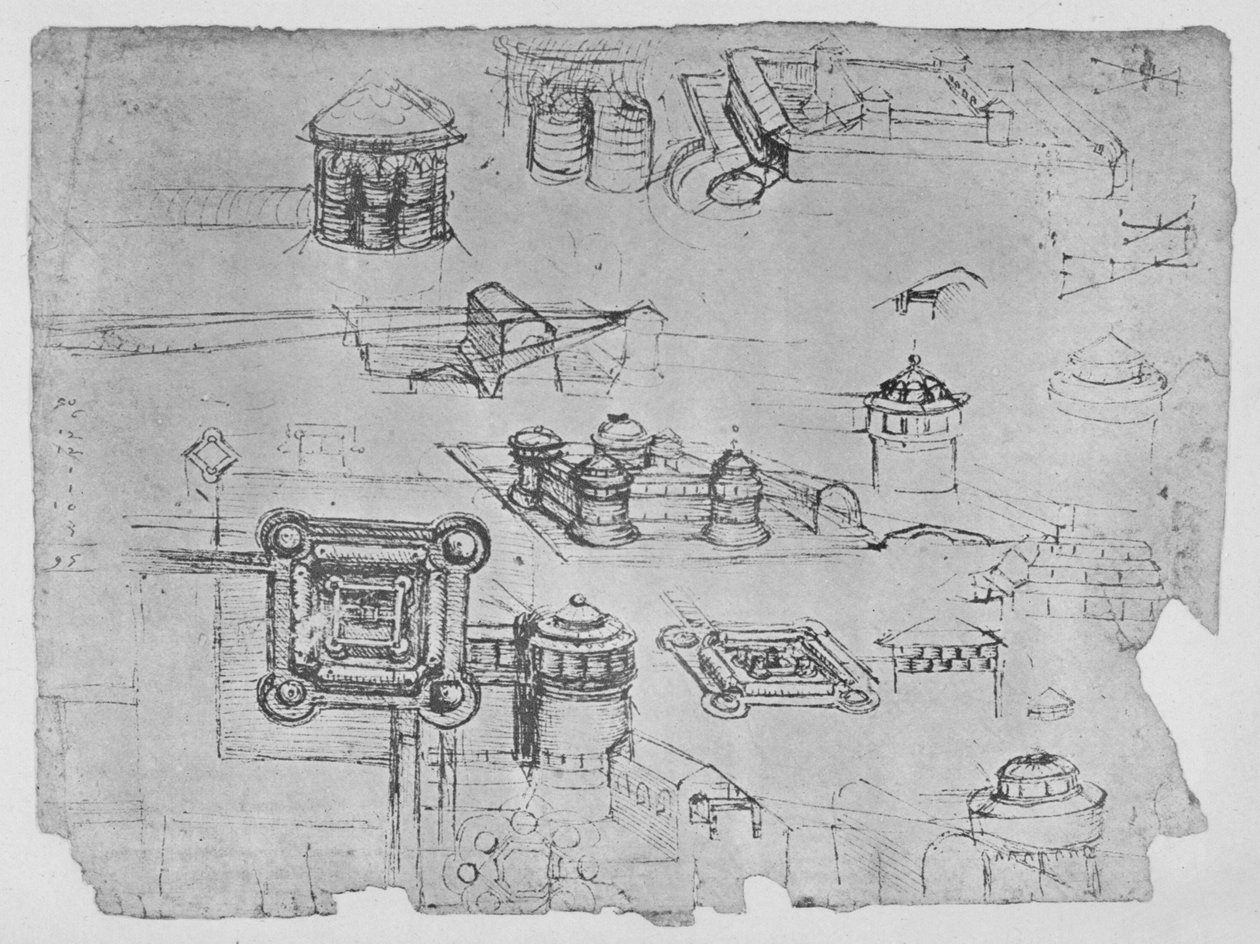 方形城堡的图纸，c1480，1945年 作者 达芬奇（Leonardo da Vinci）