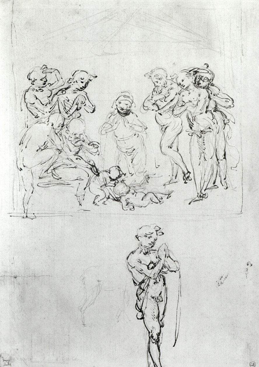 Magi崇拜的形象研究，c.1481（笔墨水和纸上金属点） 作者 达芬奇（Leonardo da Vinci）