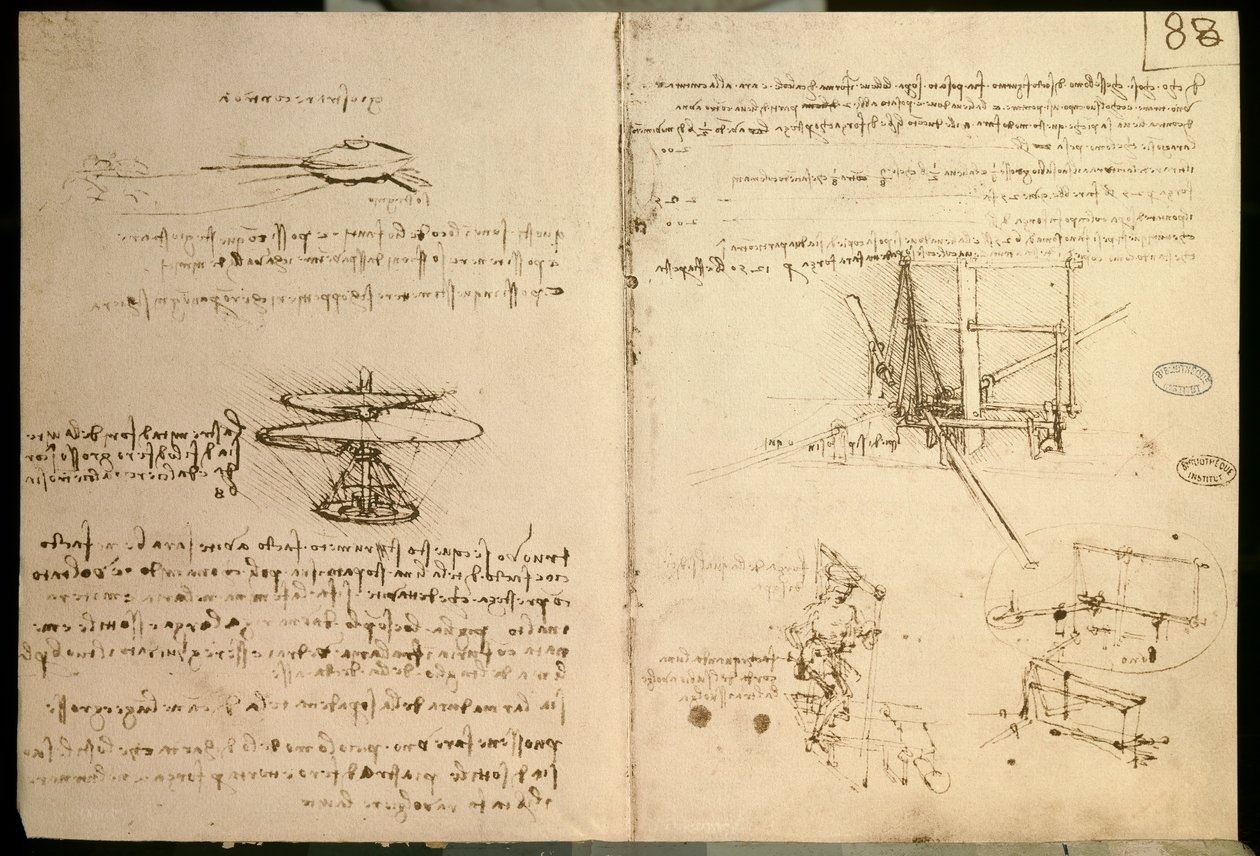 飞行器，直升机状飞行器的第一批图纸之一，c。 1487 作者 达芬奇（Leonardo da Vinci）