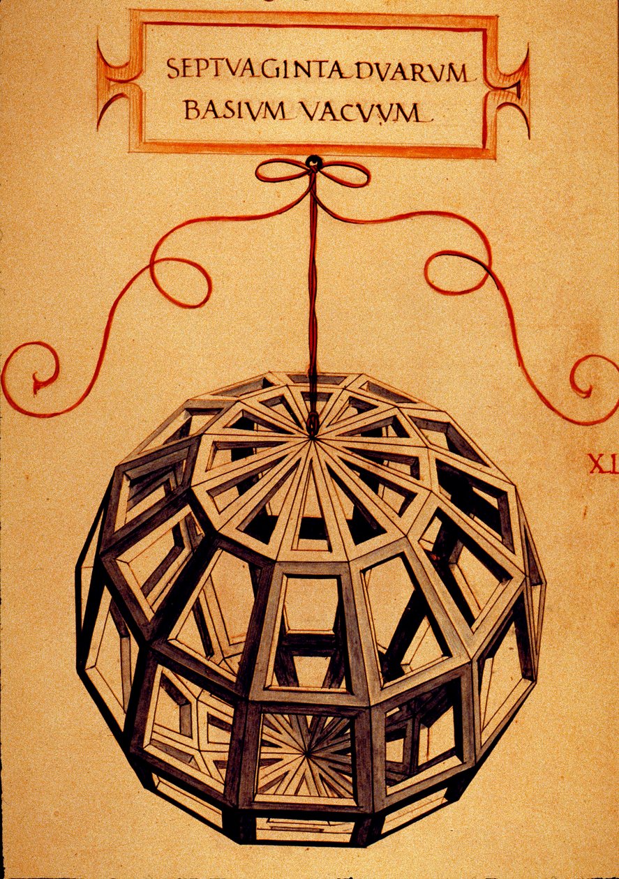 几何：“多面体”页面取自数学家 Fra Luca Pacioli dit Luca di Borgo（1445-1517）的手稿“De divina ratioe”（论神圣比例），由列奥纳多·达·芬奇（1452-1519）绘制。 1509. 作者 达芬奇（Leonardo da Vinci）
