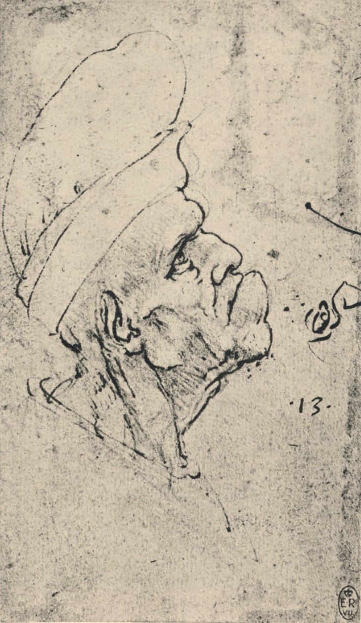 右戴帽子的男人的怪诞轮廓，c1480 1945年 作者 达芬奇（Leonardo da Vinci）