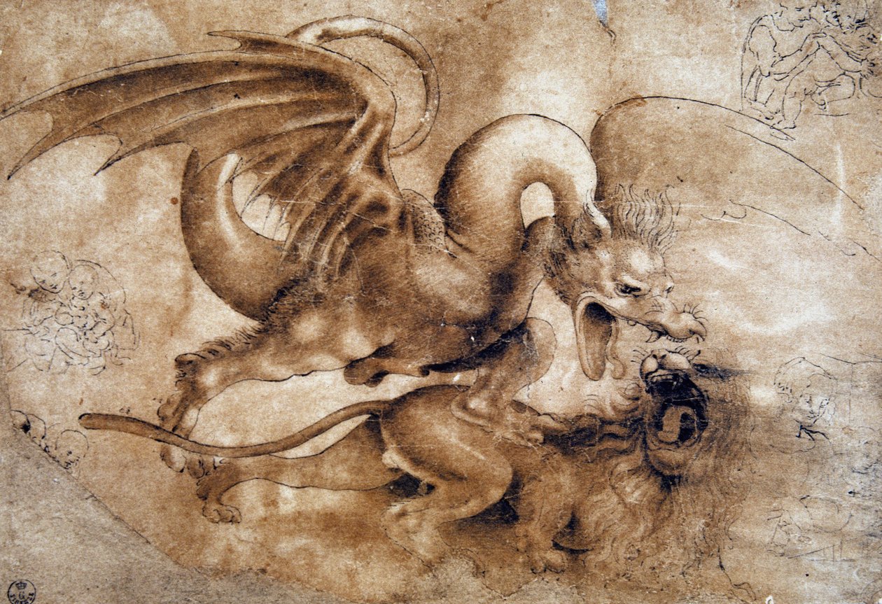 Leonardo da Vinci (Leonardo da Vinci) (1452 - 1519): Fight between a lion and a dragon, GDSU 435 E (Immagina) 作者 达芬奇（Leonardo da Vinci）