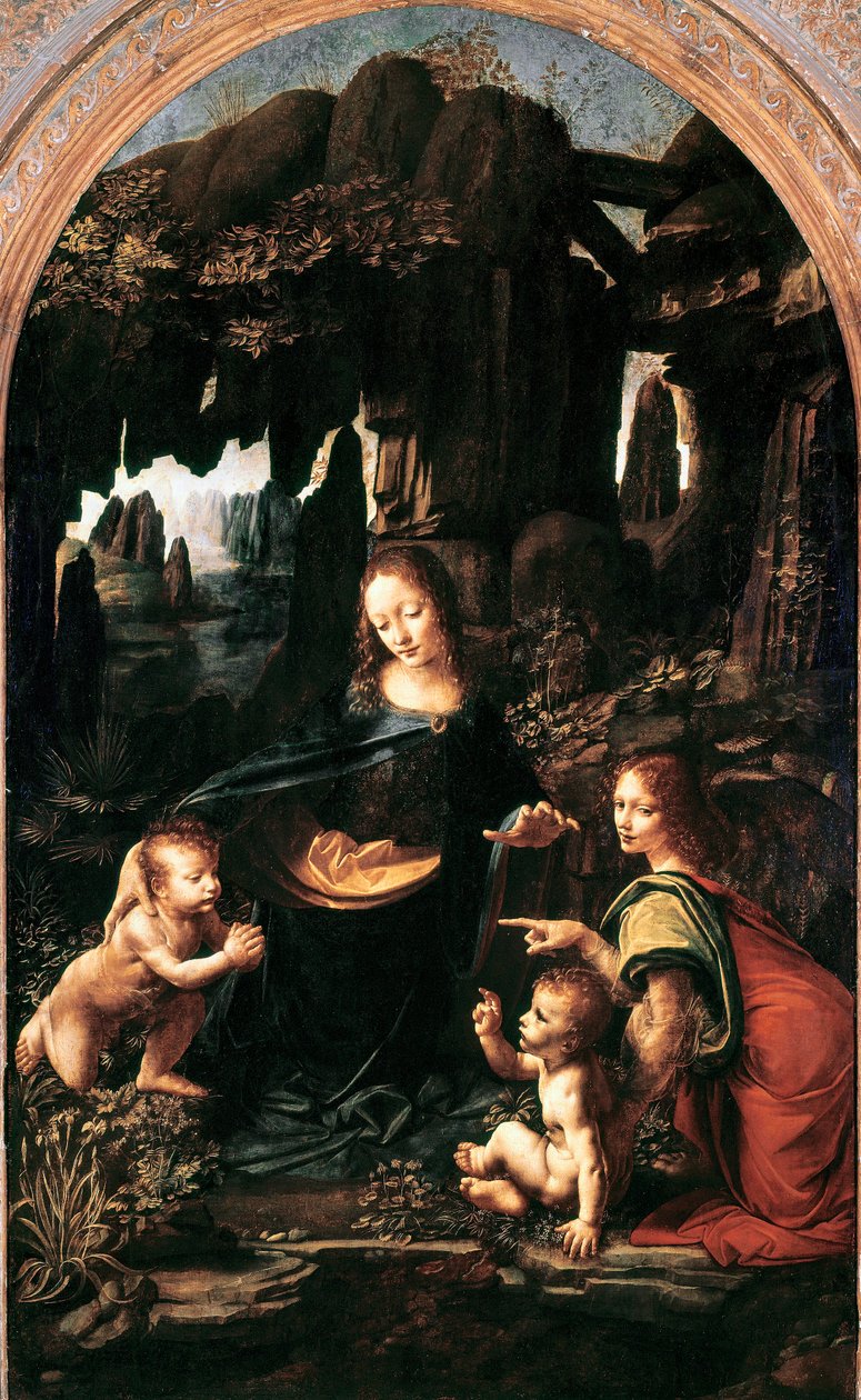 岩石上的圣母，约 1483-94 年（转印到画布上的油画板） 作者 达芬奇（Leonardo da Vinci）