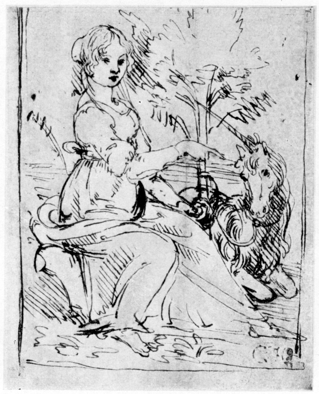 带着独角兽的少女，c1480 1954年。 作者 达芬奇（Leonardo da Vinci）