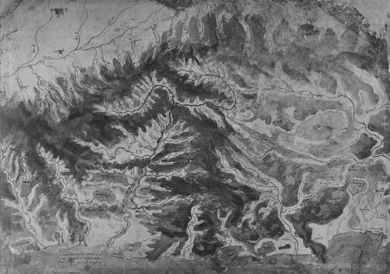 意大利北部地图，显示亚诺河的分水岭，c1480 1945年 作者 达芬奇（Leonardo da Vinci）