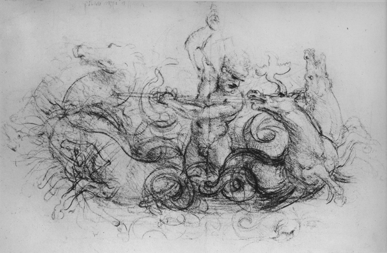 海王星与四个海马，c1480 1945年 作者 达芬奇（Leonardo da Vinci）