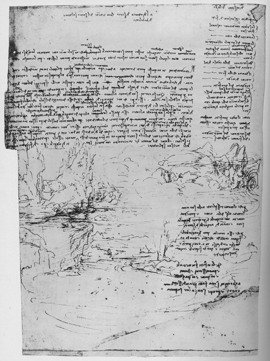 带有风景草图的文字页面，c1480 1945年 作者 达芬奇（Leonardo da Vinci）