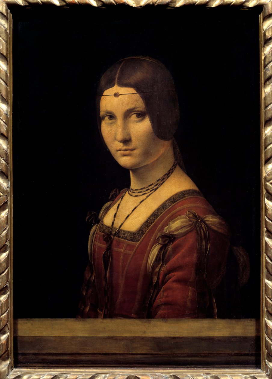 Ritratto di dama.米兰宫廷的一位女士的肖像，被误认为是 "美丽的铁器"。达芬奇(Leonardo da Vinci)(1452-1519)的画作 15世纪太阳。0,63x0,45米。- Ritratto di dama.米兰的一位宫廷女郎的画像，有 作者 达芬奇（Leonardo da Vinci）
